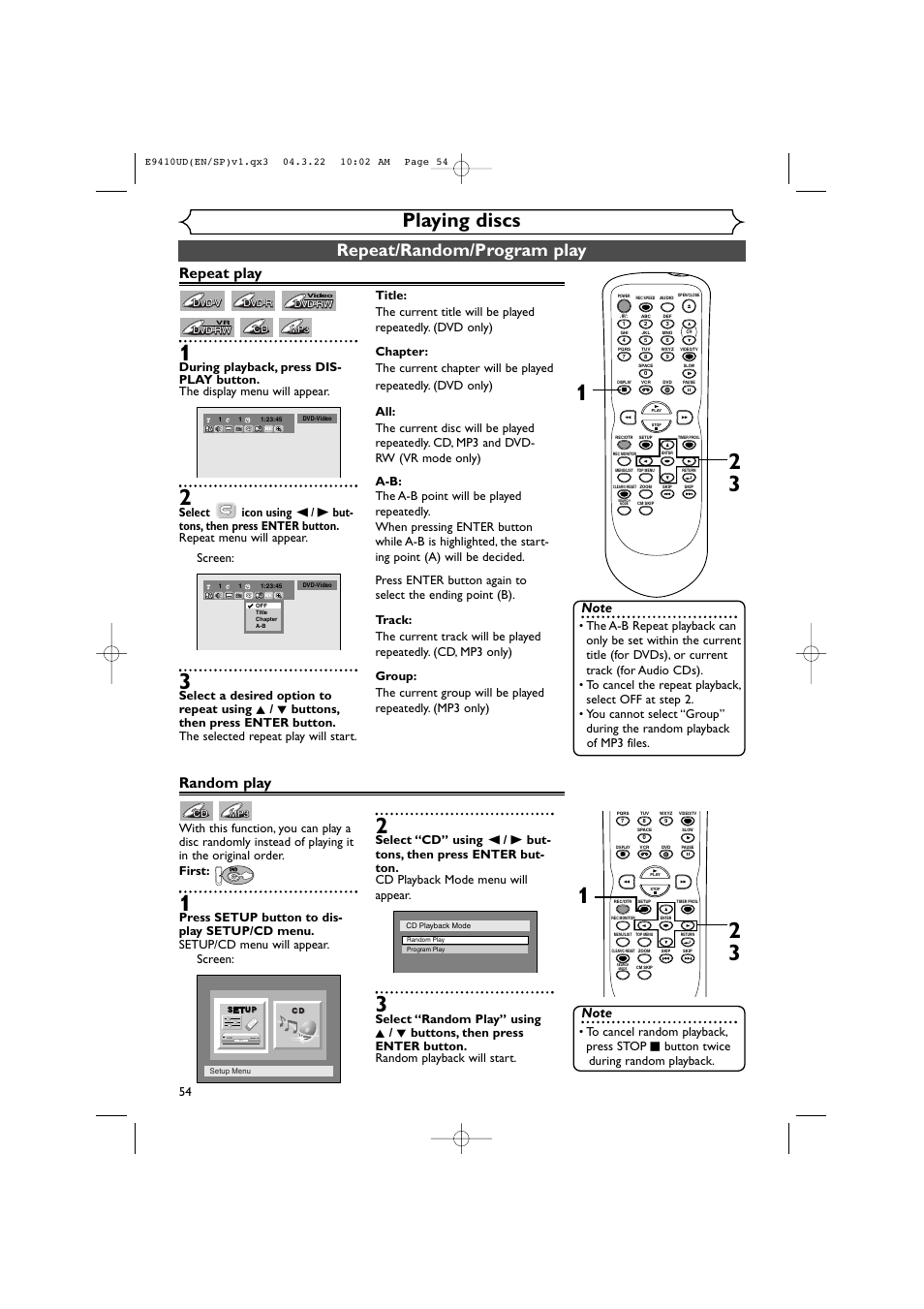 Playing discs, Repeat/random/program play, Repeat play | Random play | Sylvania DVR90VE User Manual | Page 54 / 108