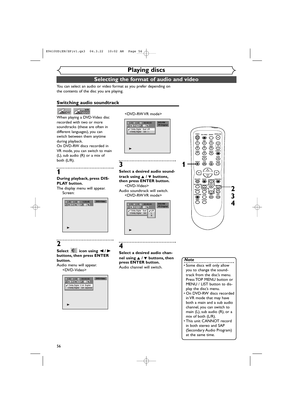 Playing discs, Selecting the format of audio and video, Switching audio soundtrack | Sylvania DVR90VE User Manual | Page 56 / 108