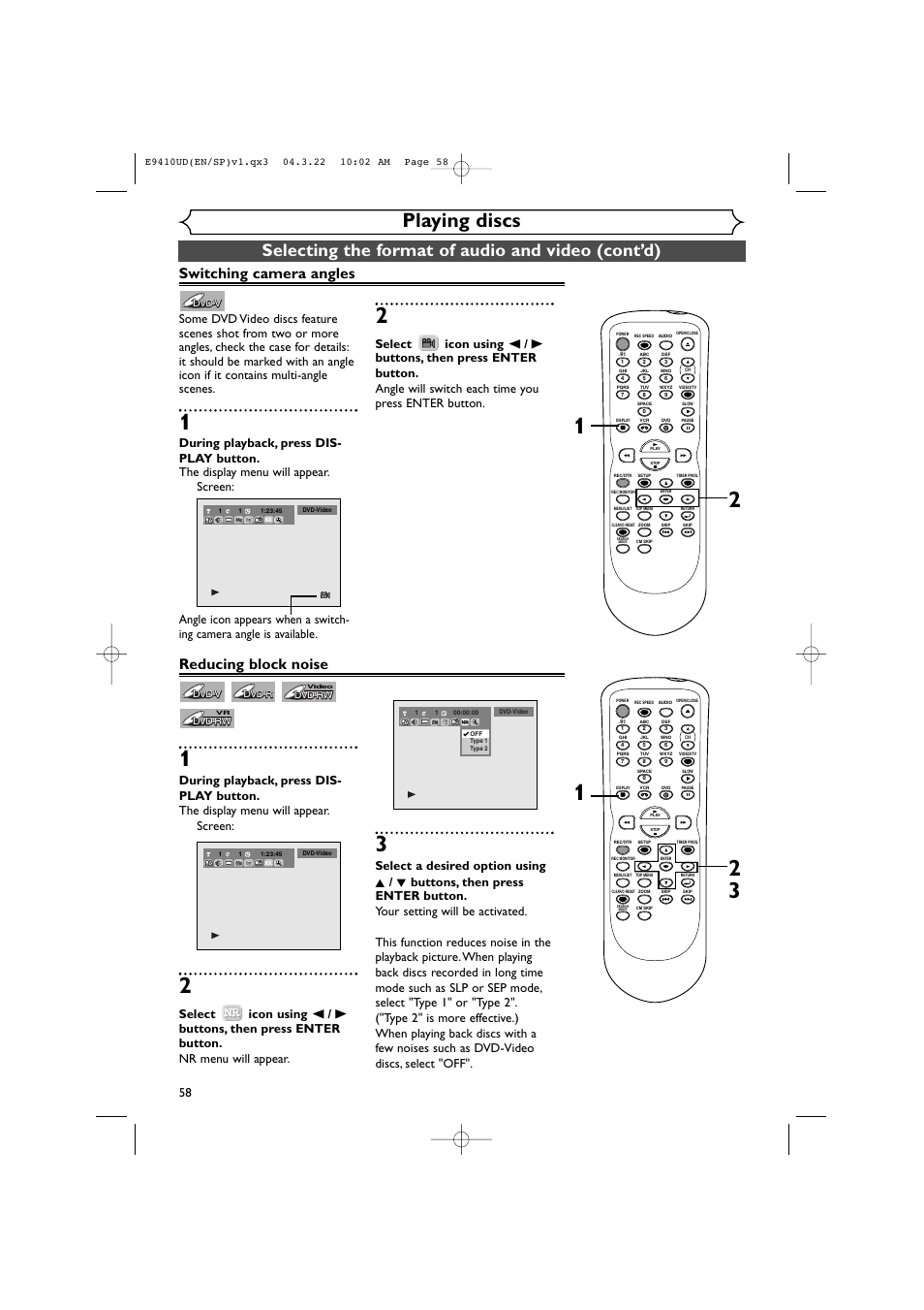 Playing discs, Selecting the format of audio and video (cont’d), Switching camera angles | Reducing block noise | Sylvania DVR90VE User Manual | Page 58 / 108