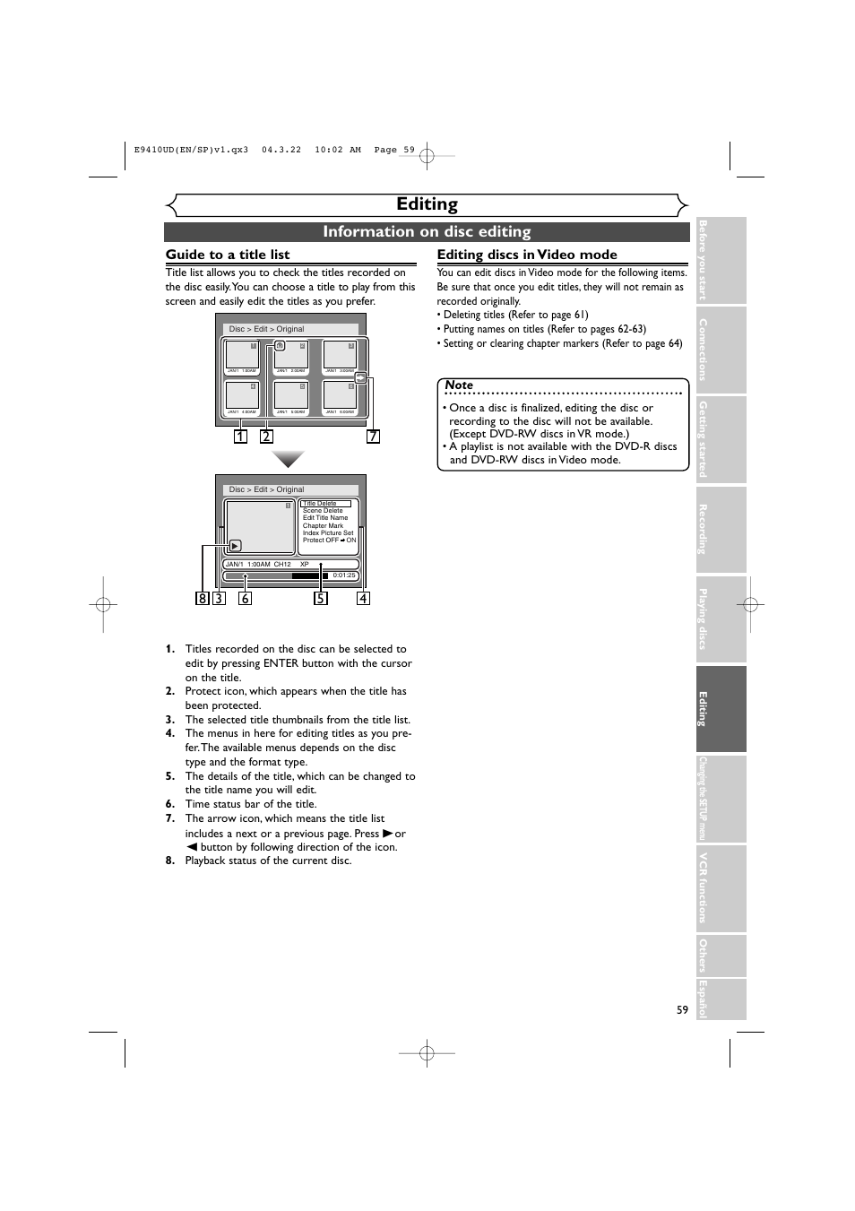 Editing, Information on disc editing, Guide to a title list | Editing discs in video mode | Sylvania DVR90VE User Manual | Page 59 / 108