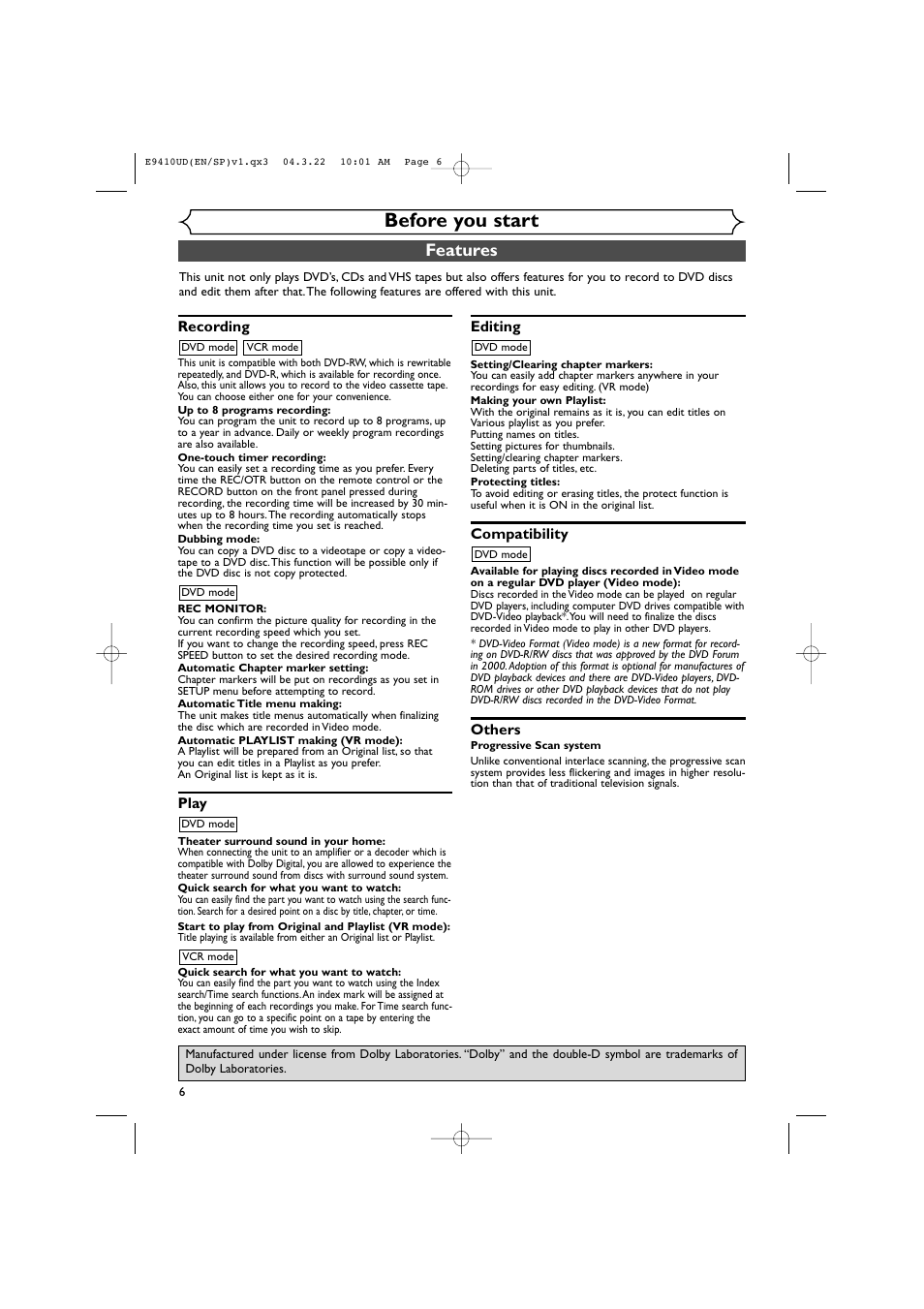 Before you start, Features | Sylvania DVR90VE User Manual | Page 6 / 108
