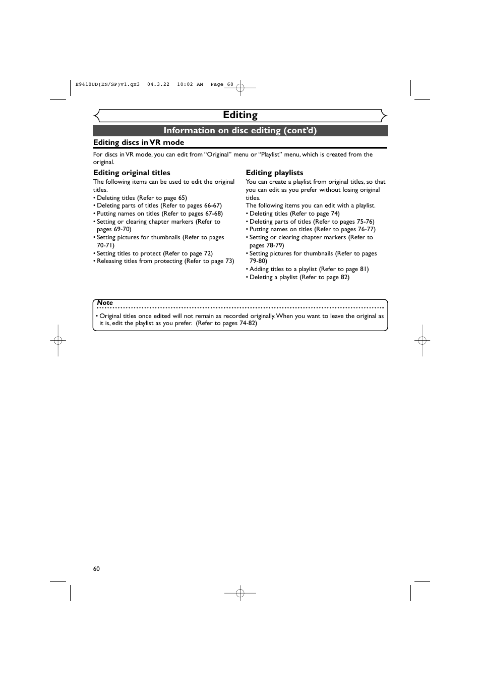 Editing, Information on disc editing (cont’d) | Sylvania DVR90VE User Manual | Page 60 / 108