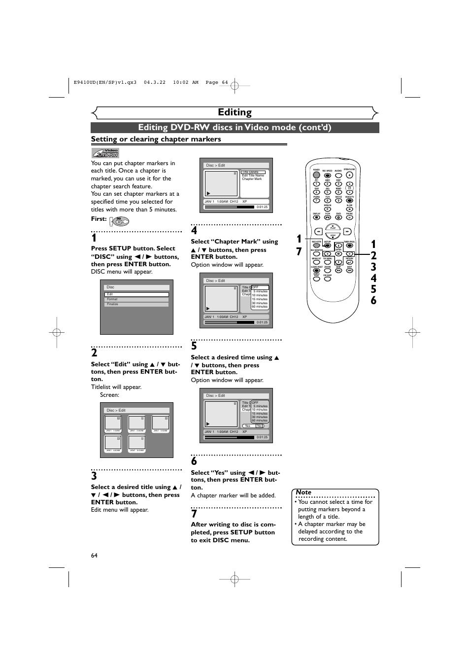 Editing, Editing dvd-rw discs in video mode (cont’d), Setting or clearing chapter markers | Sylvania DVR90VE User Manual | Page 64 / 108