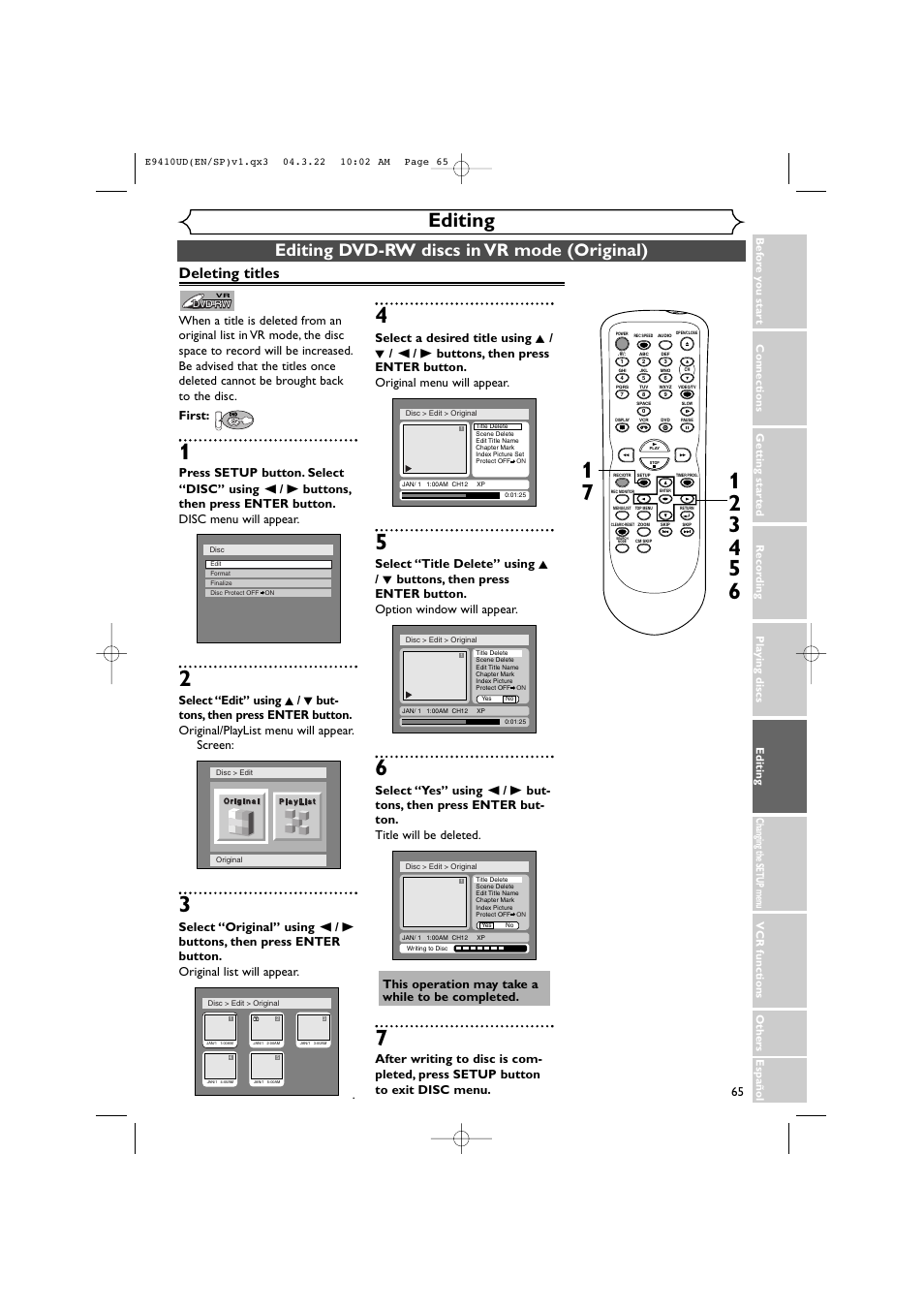 Editing, Editing dvd-rw discs in vr mode (original), Deleting titles | Sylvania DVR90VE User Manual | Page 65 / 108
