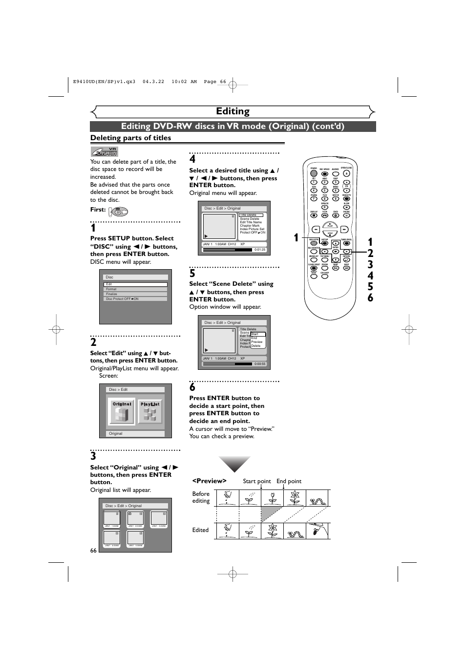 Editing, Deleting parts of titles, Preview | Before editing, Edited start point end point | Sylvania DVR90VE User Manual | Page 66 / 108