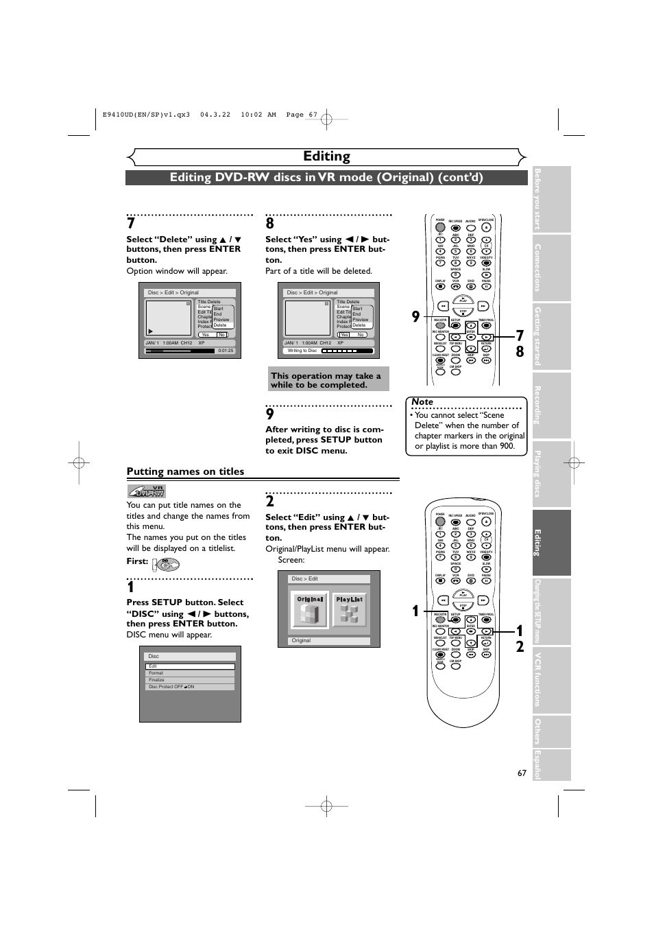 Editing, Putting names on titles | Sylvania DVR90VE User Manual | Page 67 / 108