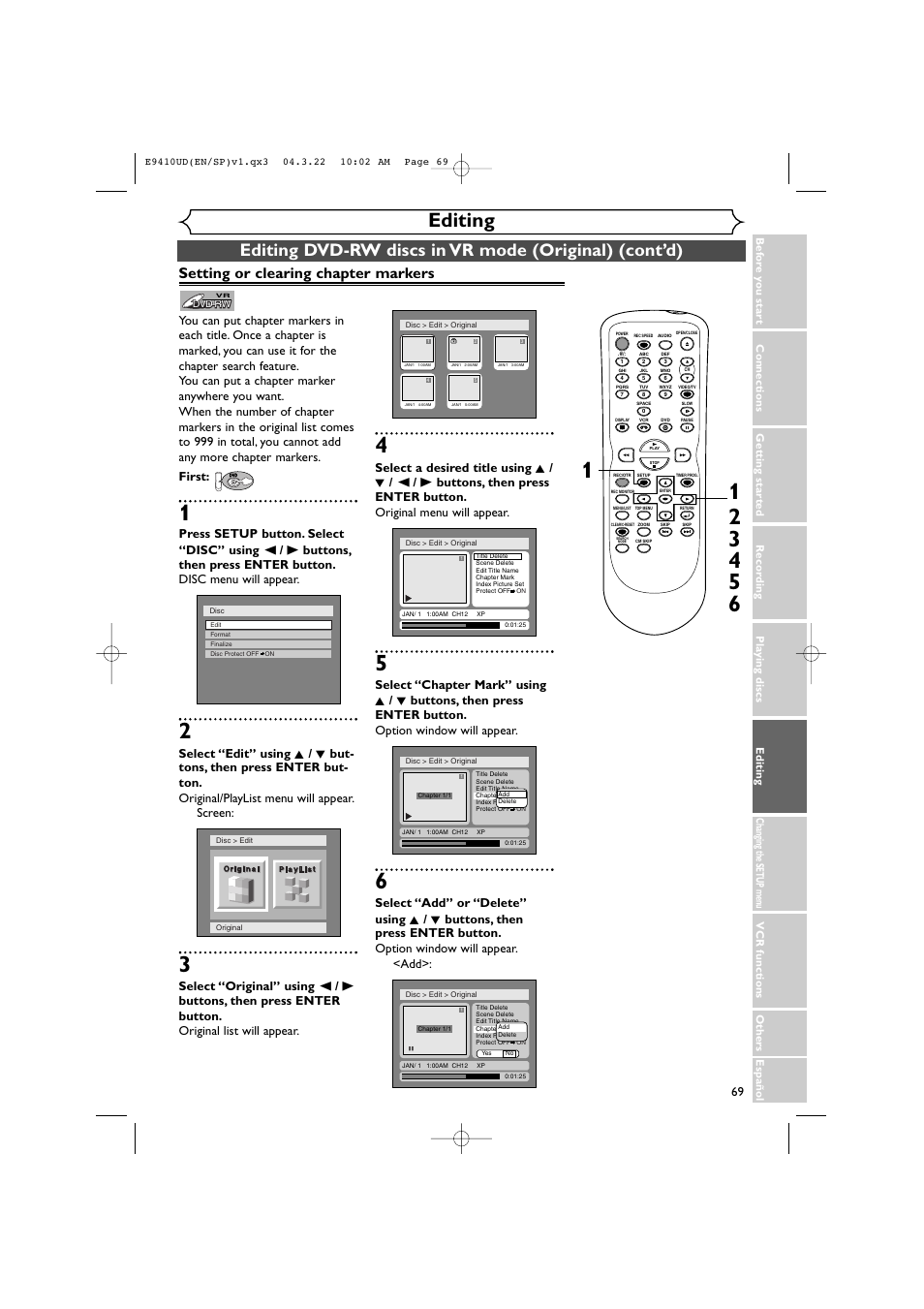 Editing, Setting or clearing chapter markers | Sylvania DVR90VE User Manual | Page 69 / 108