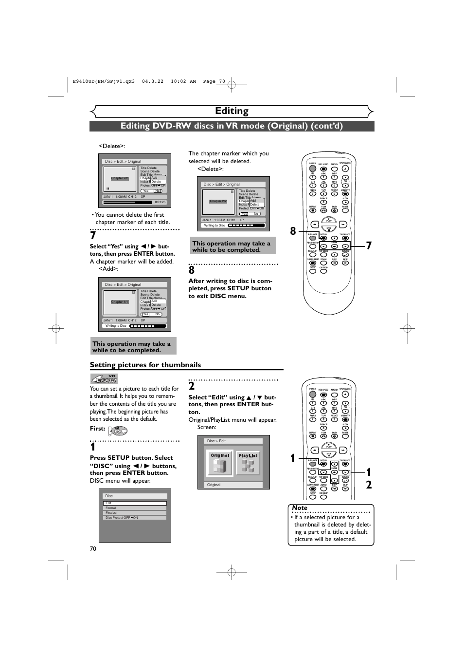 Editing, Setting pictures for thumbnails, This operation may take a while to be completed | Sylvania DVR90VE User Manual | Page 70 / 108