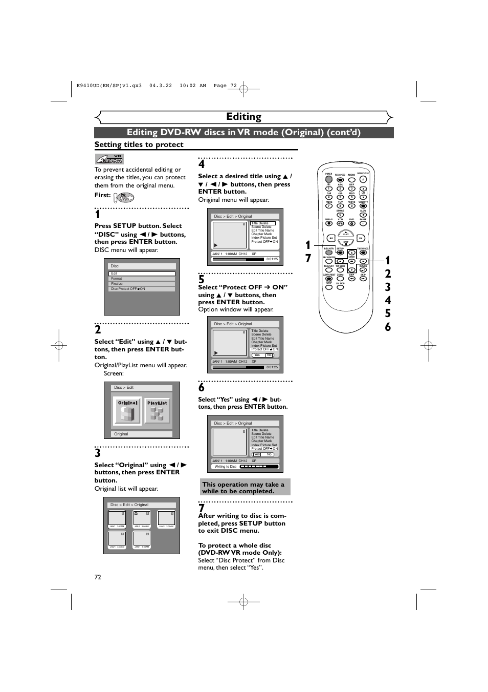 Editing, Setting titles to protect, First | Sylvania DVR90VE User Manual | Page 72 / 108