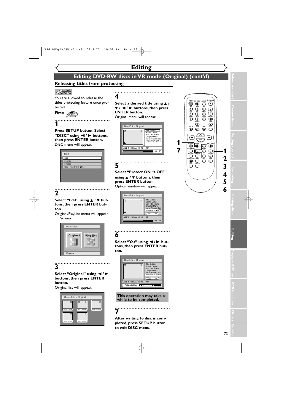 Editing, Releasing titles from protecting, First | Sylvania DVR90VE User Manual | Page 73 / 108