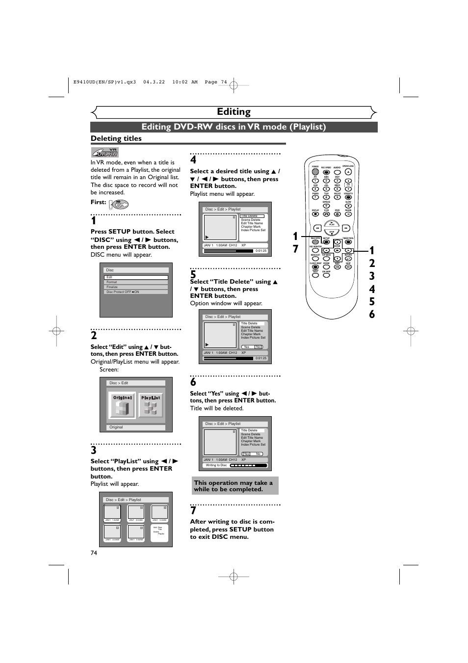 Editing, Editing dvd-rw discs in vr mode (playlist), Deleting titles | First | Sylvania DVR90VE User Manual | Page 74 / 108