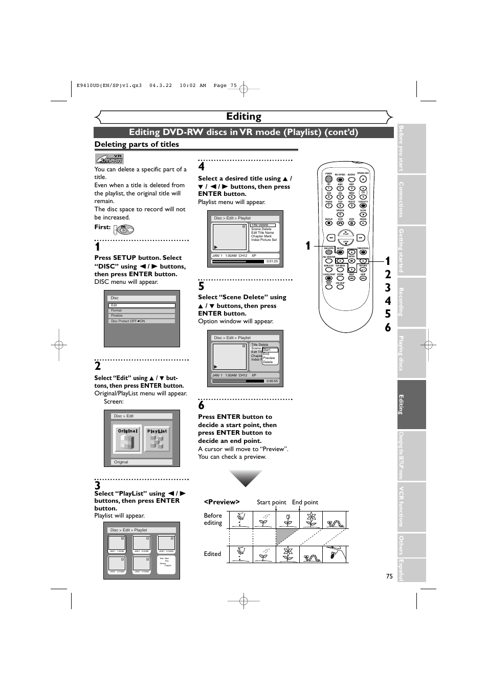 Editing, Deleting parts of titles, Preview | Before editing | Sylvania DVR90VE User Manual | Page 75 / 108