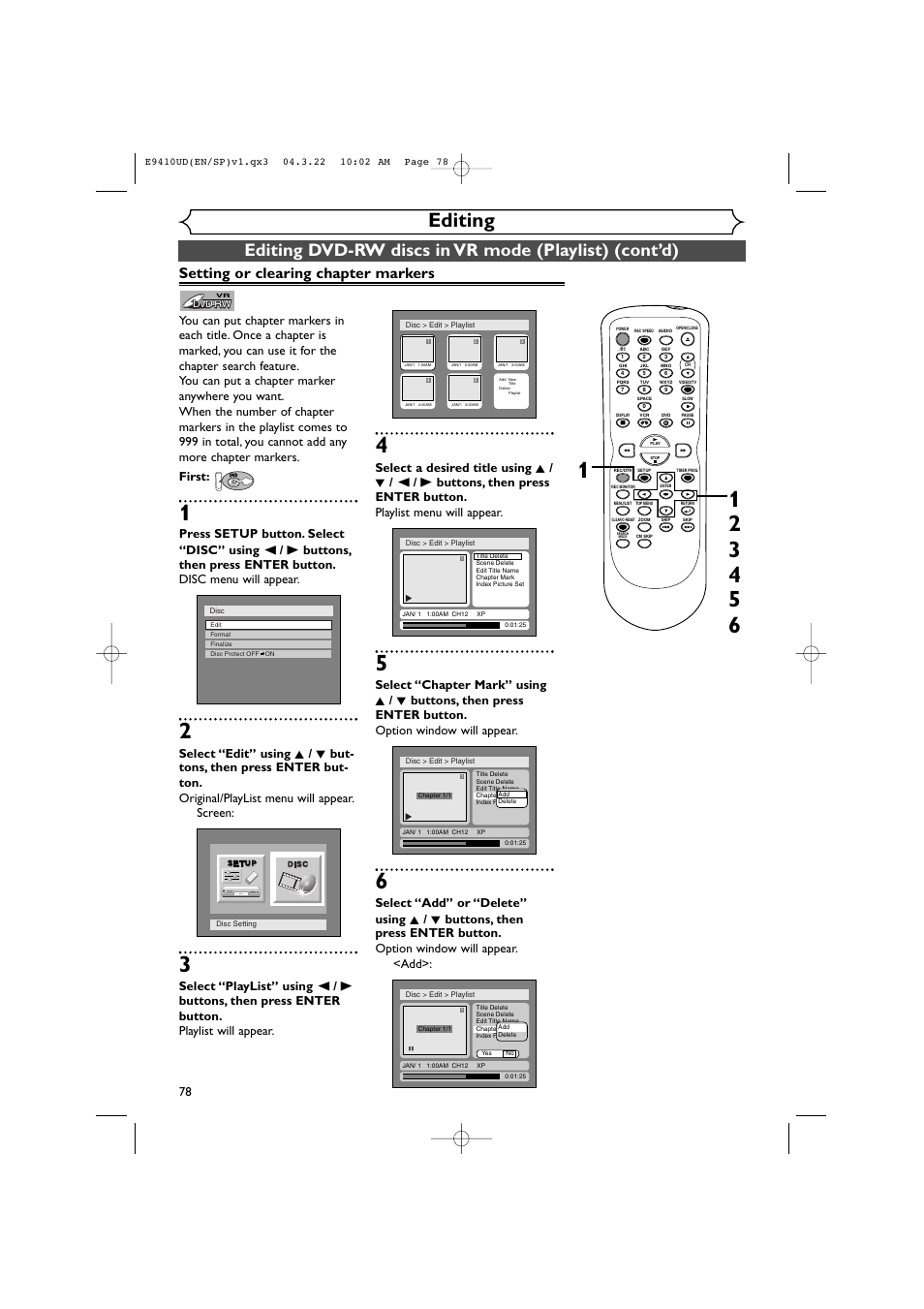 Editing, Setting or clearing chapter markers | Sylvania DVR90VE User Manual | Page 78 / 108