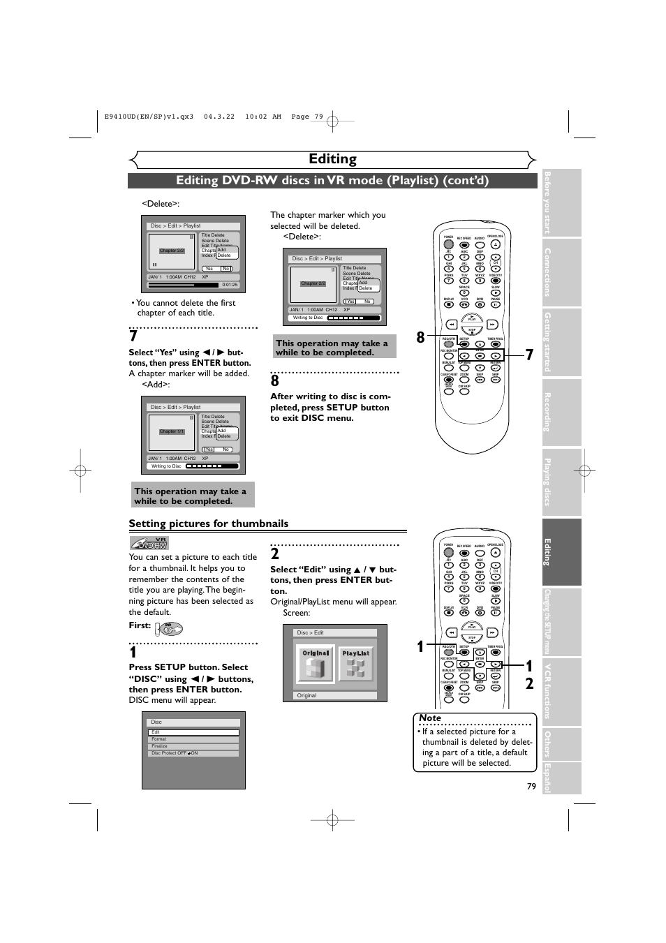 Editing, Setting pictures for thumbnails, This operation may take a while to be completed | Sylvania DVR90VE User Manual | Page 79 / 108