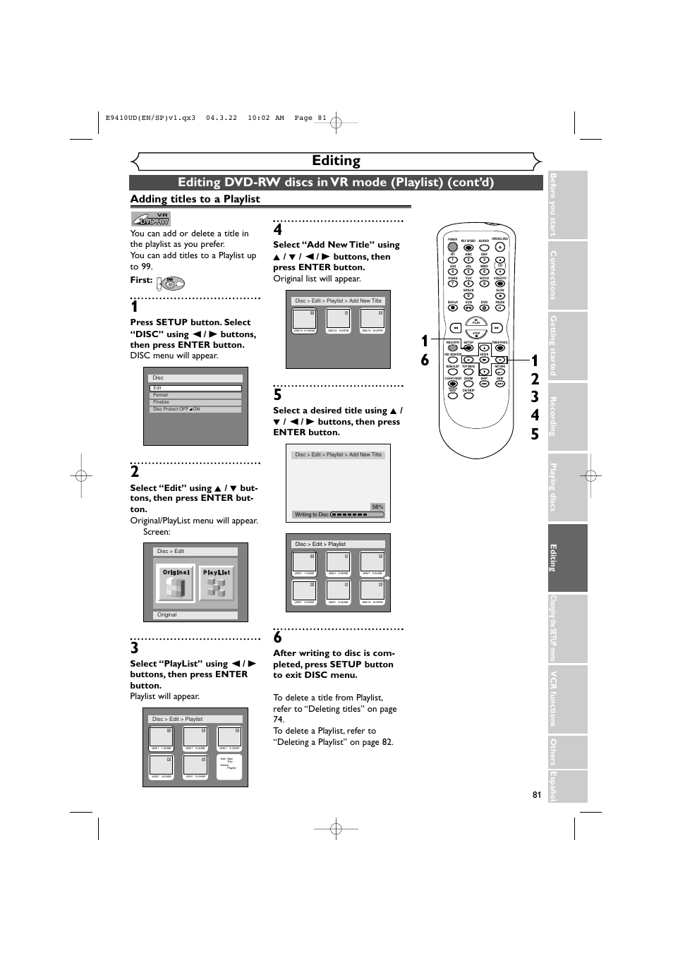 Editing, Adding titles to a playlist | Sylvania DVR90VE User Manual | Page 81 / 108