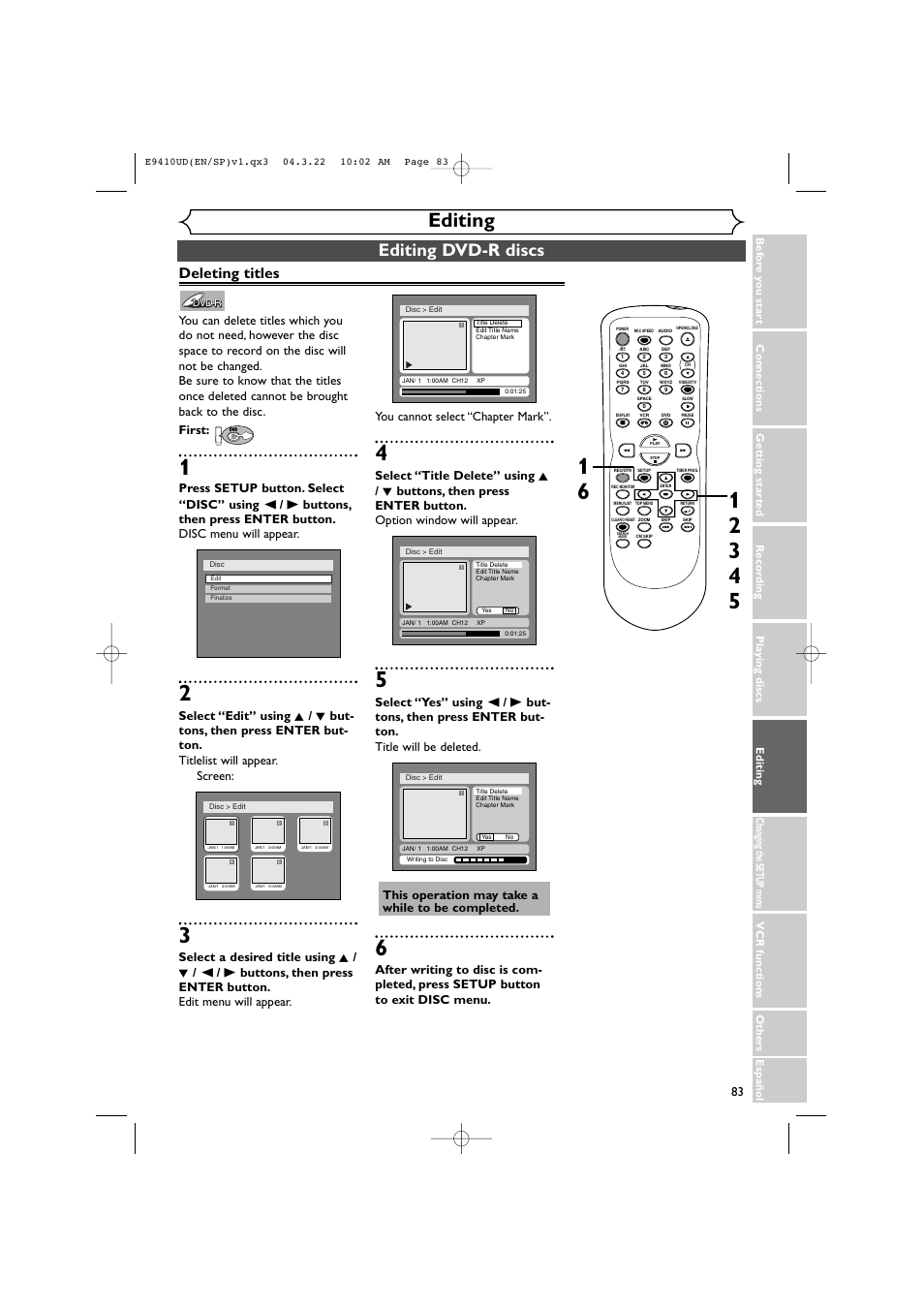 Editing, Editing dvd-r discs, Deleting titles | Sylvania DVR90VE User Manual | Page 83 / 108