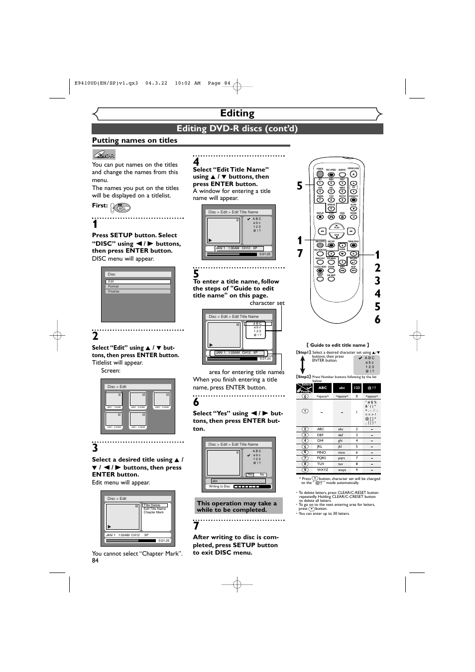 Editing, Editing dvd-r discs (cont’d), Putting names on titles | Sylvania DVR90VE User Manual | Page 84 / 108