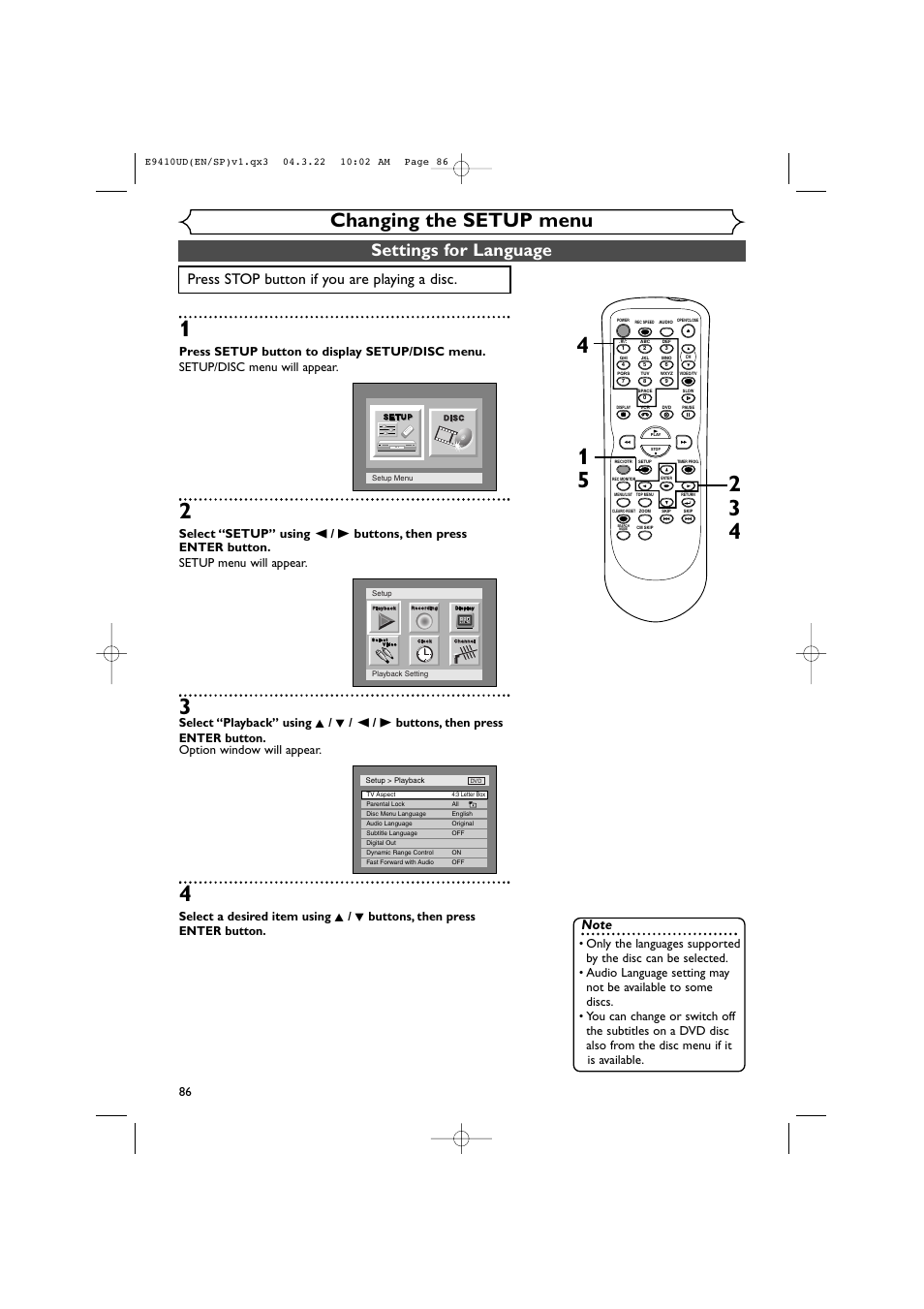 Changing the setup menu, Settings for language, Press stop button if you are playing a disc | Sylvania DVR90VE User Manual | Page 86 / 108