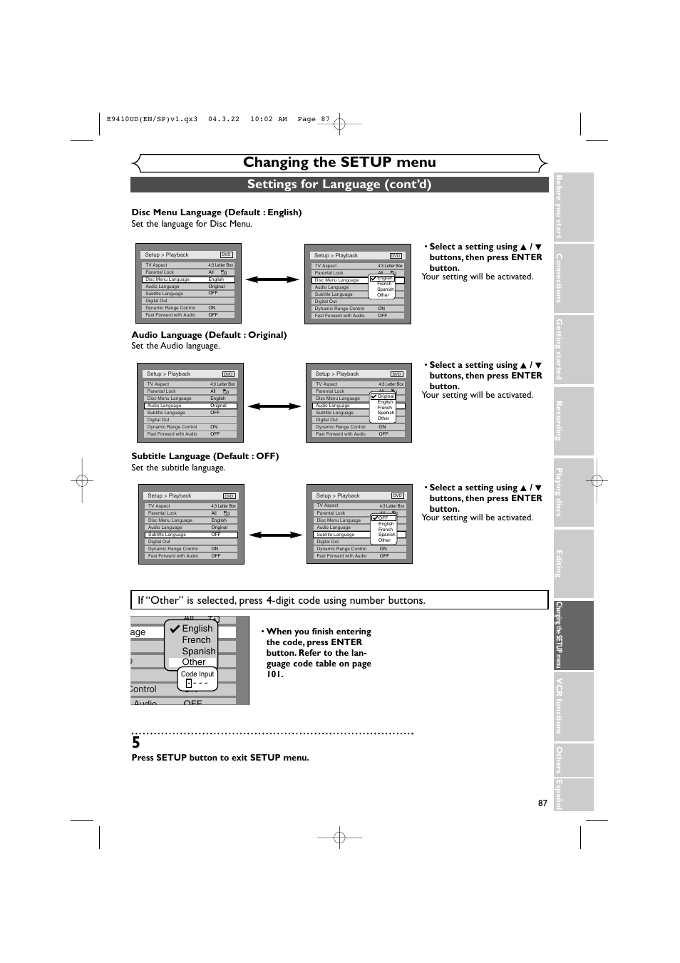 Changing the setup menu, Settings for language (cont’d), Press setup button to exit setup menu | Sylvania DVR90VE User Manual | Page 87 / 108