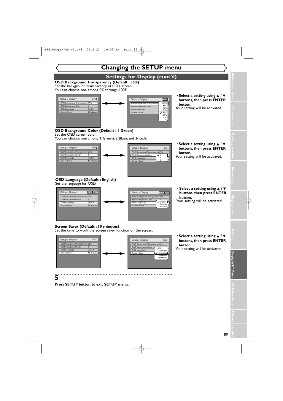Changing the setup menu, Settings for display (cont’d), Press setup button to exit setup menu | Sylvania DVR90VE User Manual | Page 89 / 108