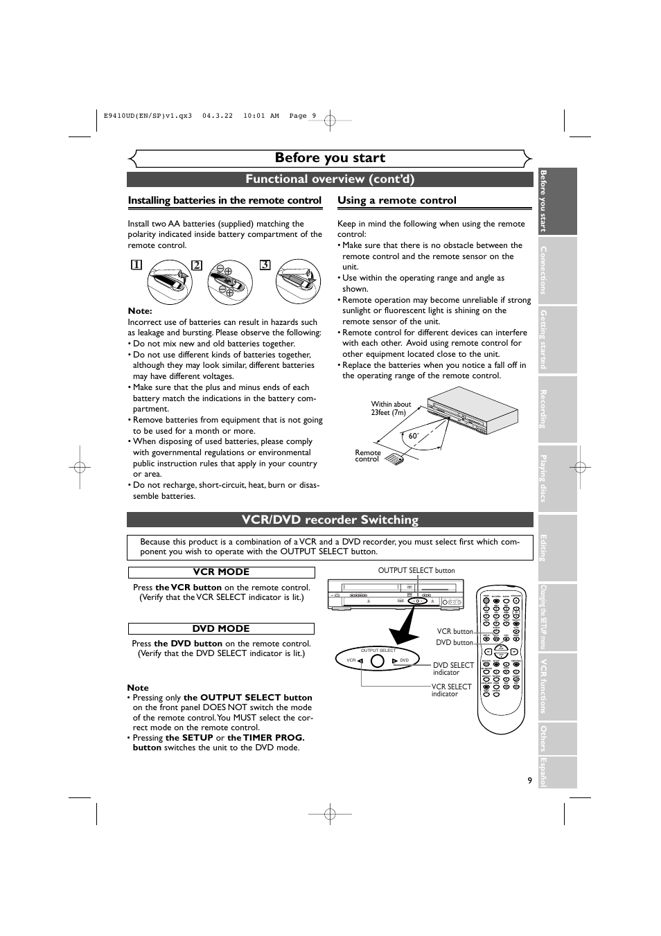 Before you start, Functional overview (cont’d), Vcr/dvd recorder switching | Using a remote control, Installing batteries in the remote control | Sylvania DVR90VE User Manual | Page 9 / 108