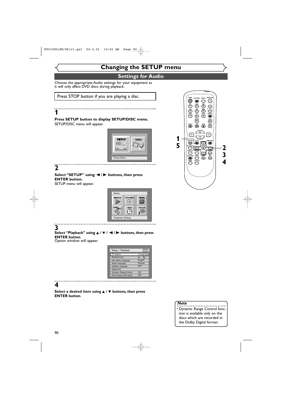 Changing the setup menu, Settings for audio, Press stop button if you are playing a disc | Sylvania DVR90VE User Manual | Page 90 / 108