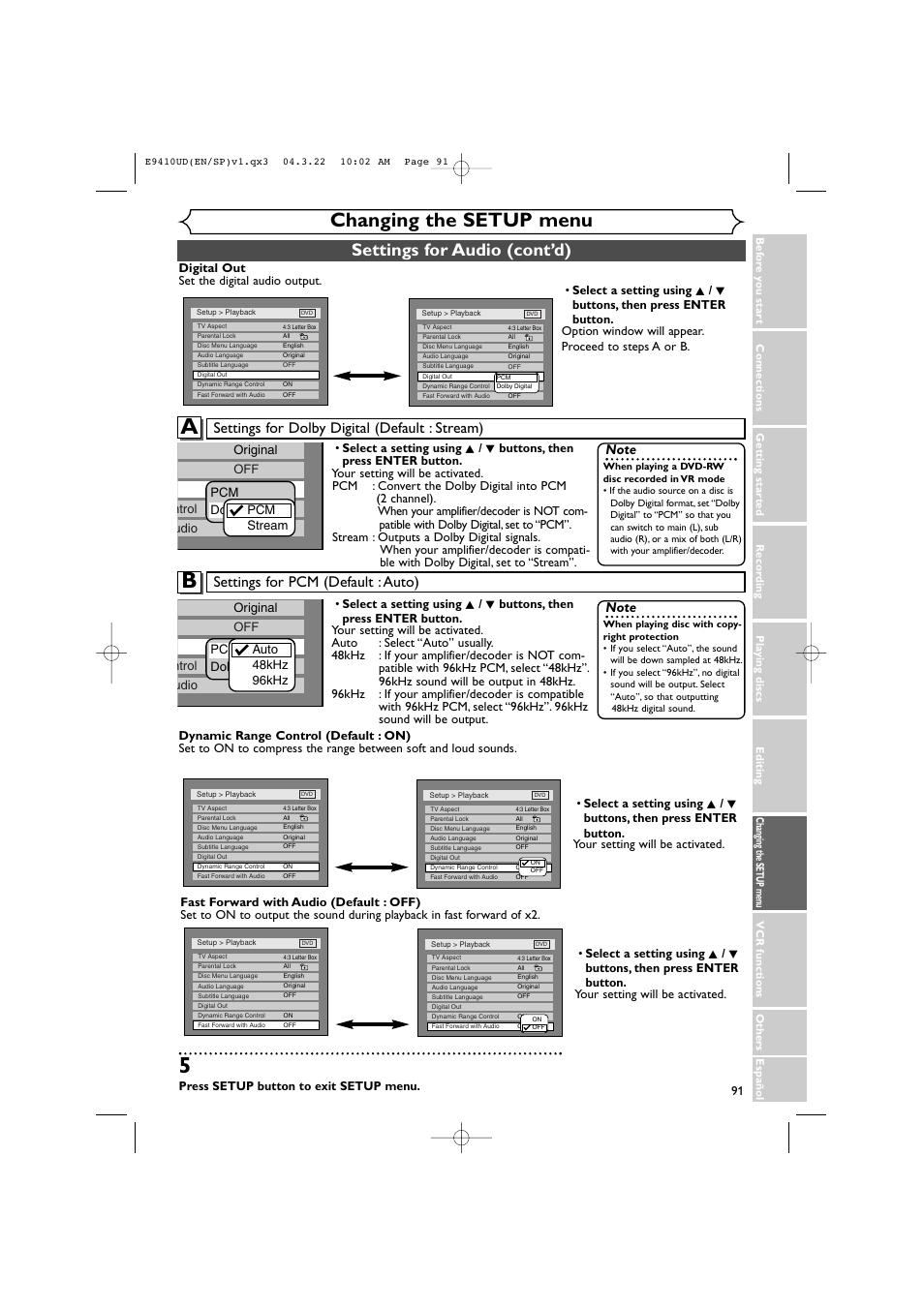 Changing the setup menu, Settings for audio (cont’d), Settings for dolby digital (default : stream) | Settings for pcm (default : auto), Press setup button to exit setup menu | Sylvania DVR90VE User Manual | Page 91 / 108