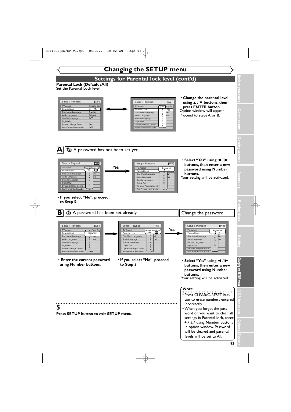 Changing the setup menu, Settings for parental lock level (cont’d), A password has been set already | Change the password, A password has not been set yet, Press setup button to exit setup menu, If you select “no”, proceed to step 5. yes yes | Sylvania DVR90VE User Manual | Page 93 / 108