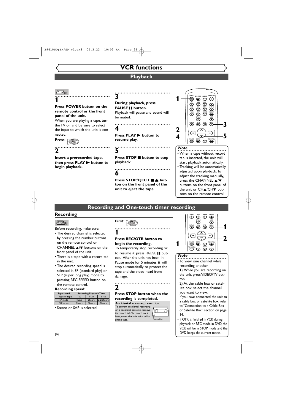 Vcr functions, Playback, Recording and one-touch timer recording | Recording, Press play b button to resume play, Press stop c button to stop playback, Press stop button when the recording is completed | Sylvania DVR90VE User Manual | Page 94 / 108