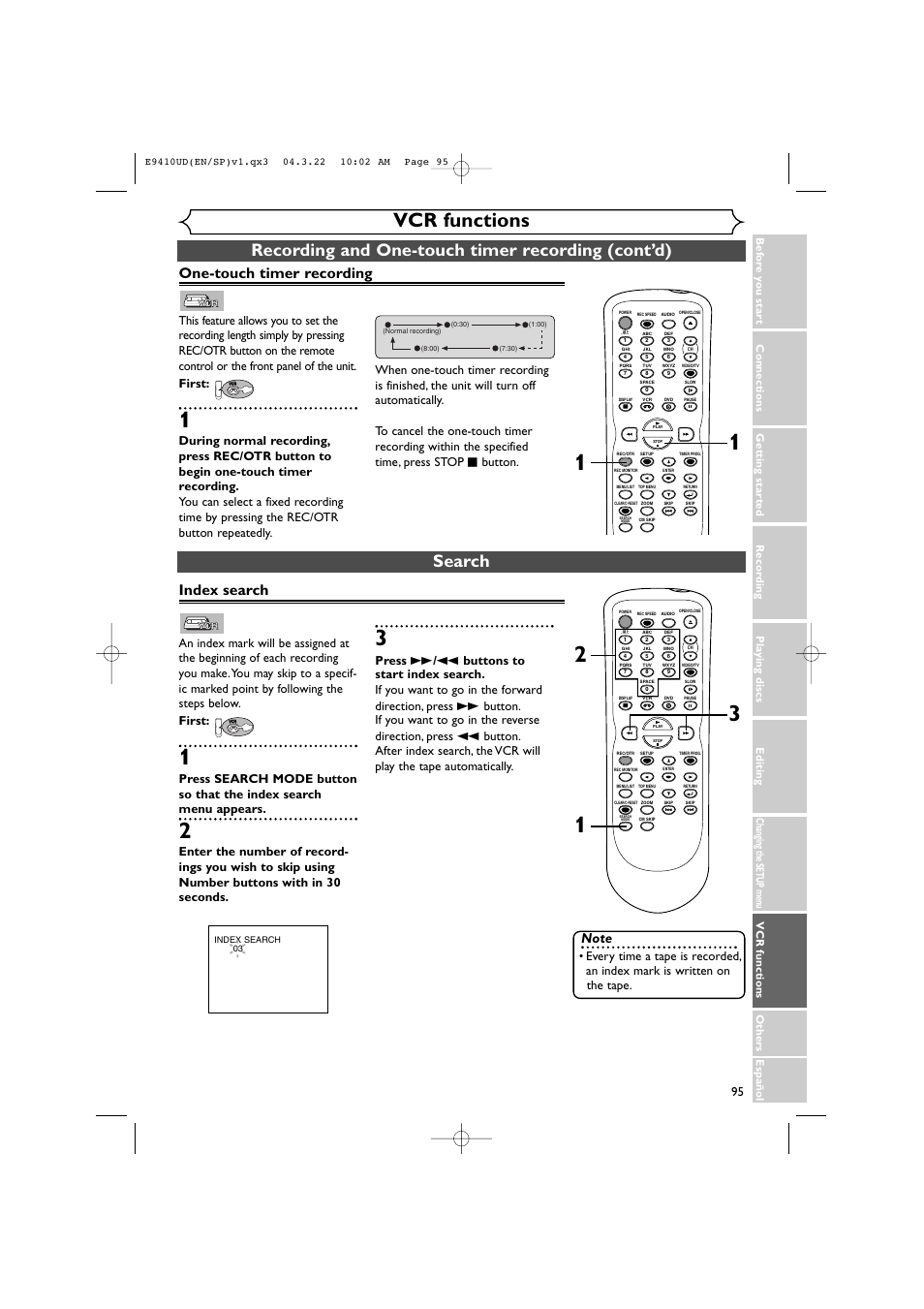 Vcr functions, Recording and one-touch timer recording (cont’d), Search | One-touch timer recording, Index search | Sylvania DVR90VE User Manual | Page 95 / 108