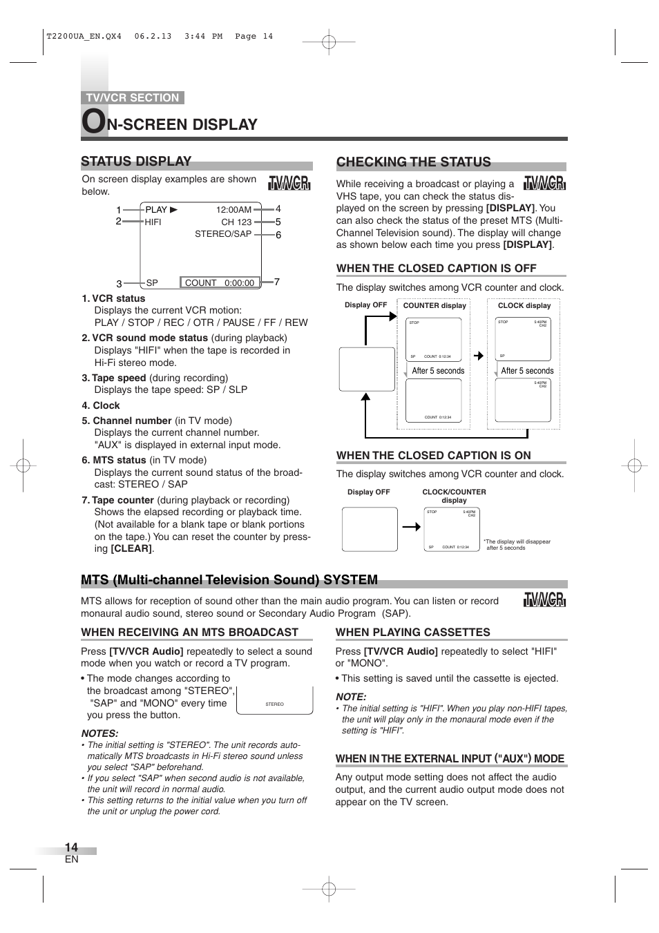 Tv/vcr, N-screen display, Mts (multi-channel television sound) system | Status display, Checking the status | Sylvania 6724DG User Manual | Page 14 / 44