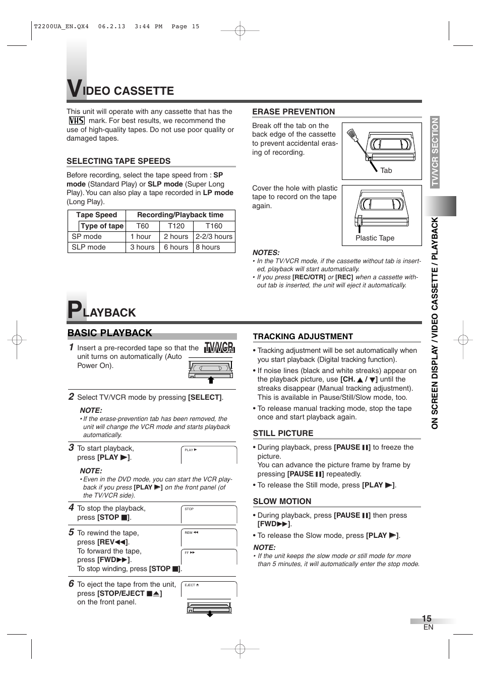Tv/vcr, Ideo cassette, Layback | Basic playback | Sylvania 6724DG User Manual | Page 15 / 44