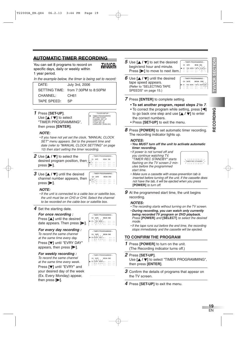 Tv/vcr, Automatic timer recording, Until the desired tape speed appears | Press [set-up] . use, Press [set-up] to exit the menu, Set the starting date. for once recording : press, Press | Sylvania 6724DG User Manual | Page 19 / 44