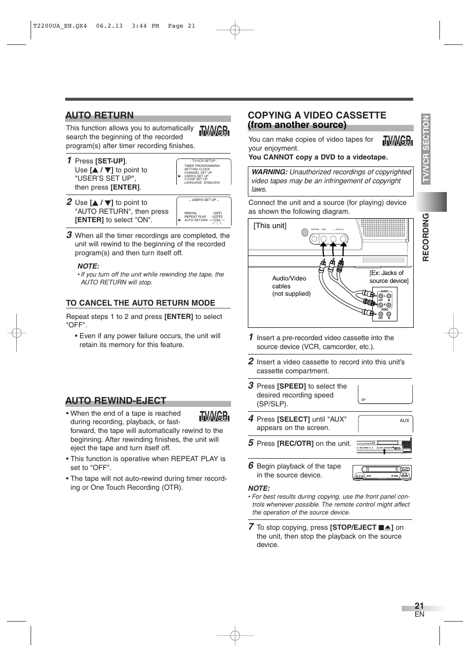 Tv/vcr, Auto return, Copying a video cassette (from another source) | Auto rewind-eject | Sylvania 6724DG User Manual | Page 21 / 44