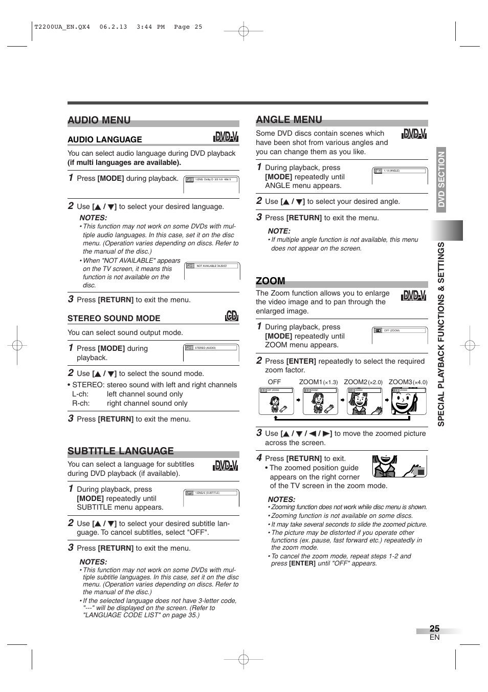 Zoom, Audio menu, Subtitle language | Angle menu | Sylvania 6724DG User Manual | Page 25 / 44