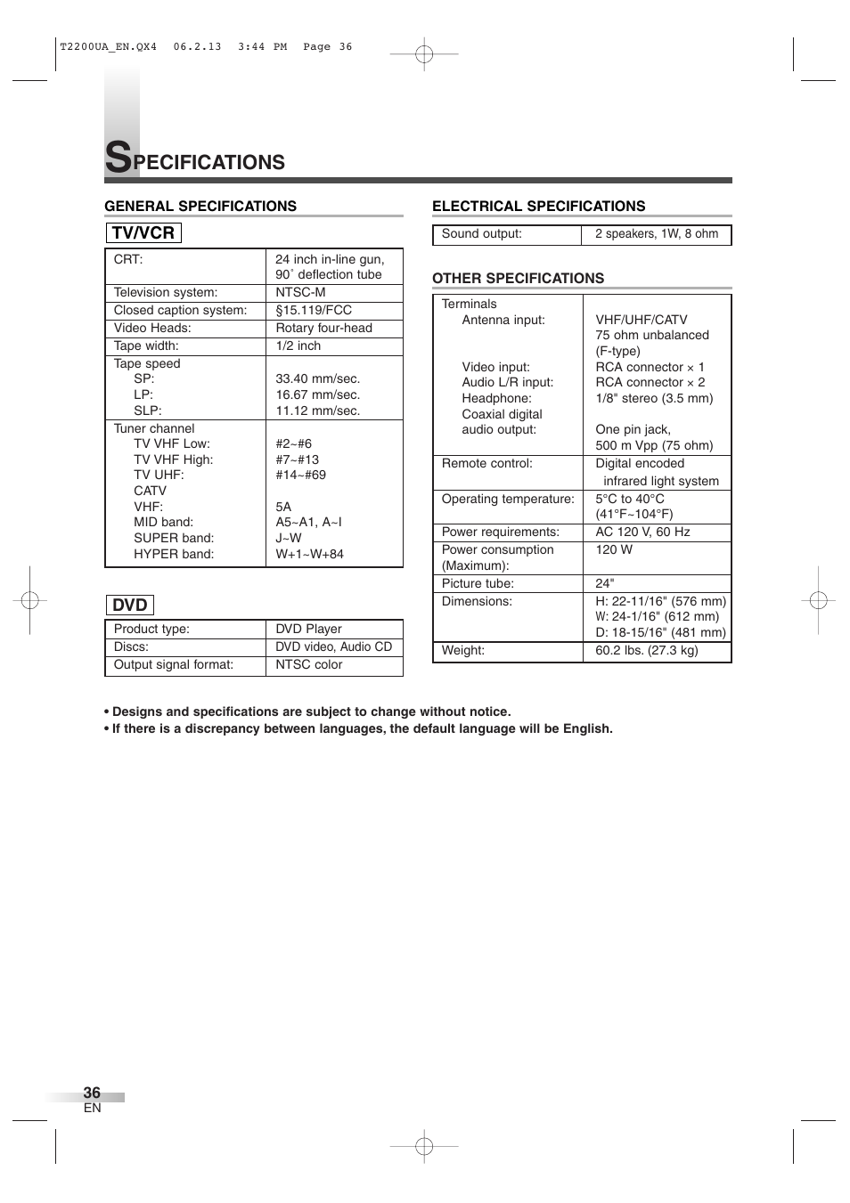 Pecifications, Tv/vcr | Sylvania 6724DG User Manual | Page 36 / 44