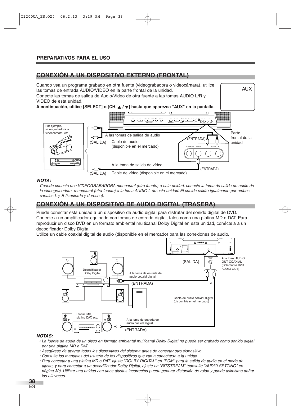 Conexión a un dispositivo externo (frontal), Preparativos para el uso, Nota | A n t . audio out coaxial, Notas | Sylvania 6724DG User Manual | Page 38 / 44