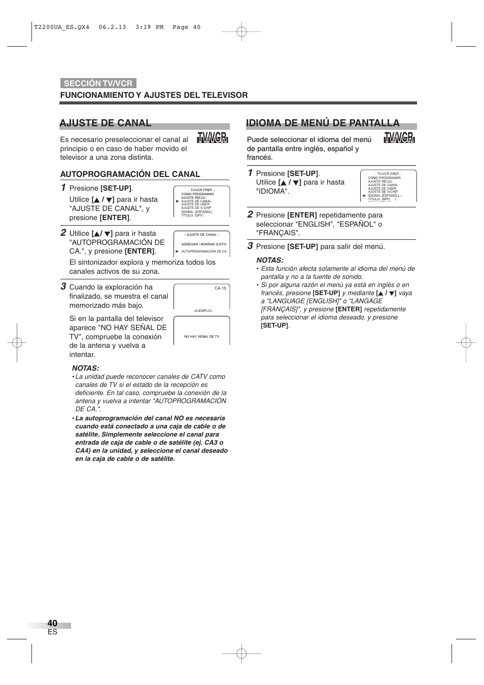 Tv/vcr, Ajuste de canal, Idioma de menú de pantalla | Sylvania 6724DG User Manual | Page 40 / 44