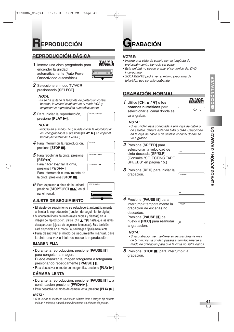 Tv/vcr, Eproducción, Rabación | Grabación normal, Reproducción básica | Sylvania 6724DG User Manual | Page 41 / 44