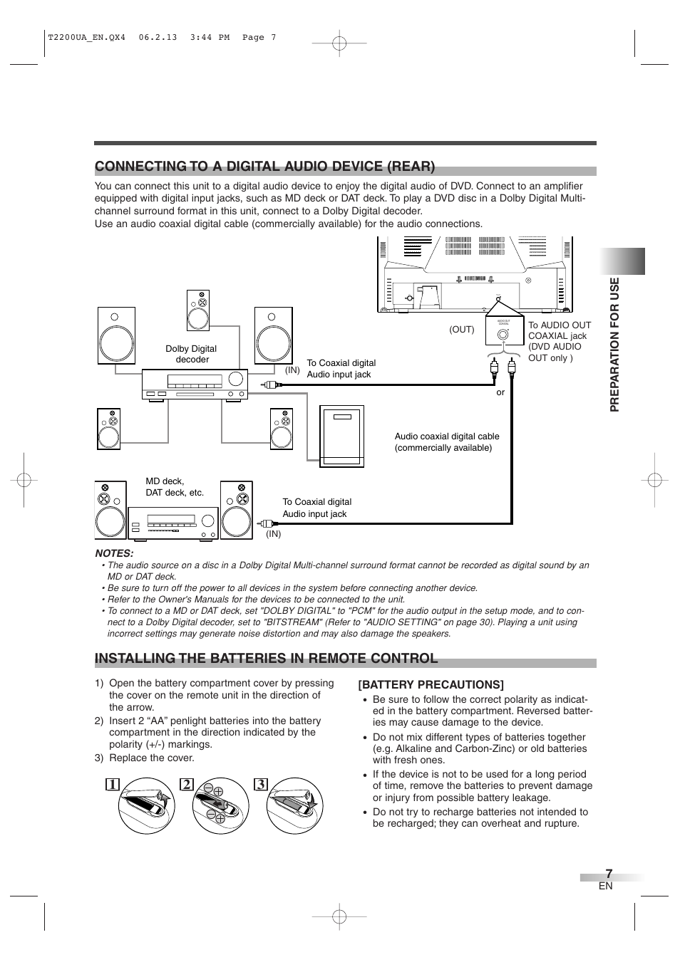 Connecting to a digital audio device (rear), 21 3 installing the batteries in remote control | Sylvania 6724DG User Manual | Page 7 / 44