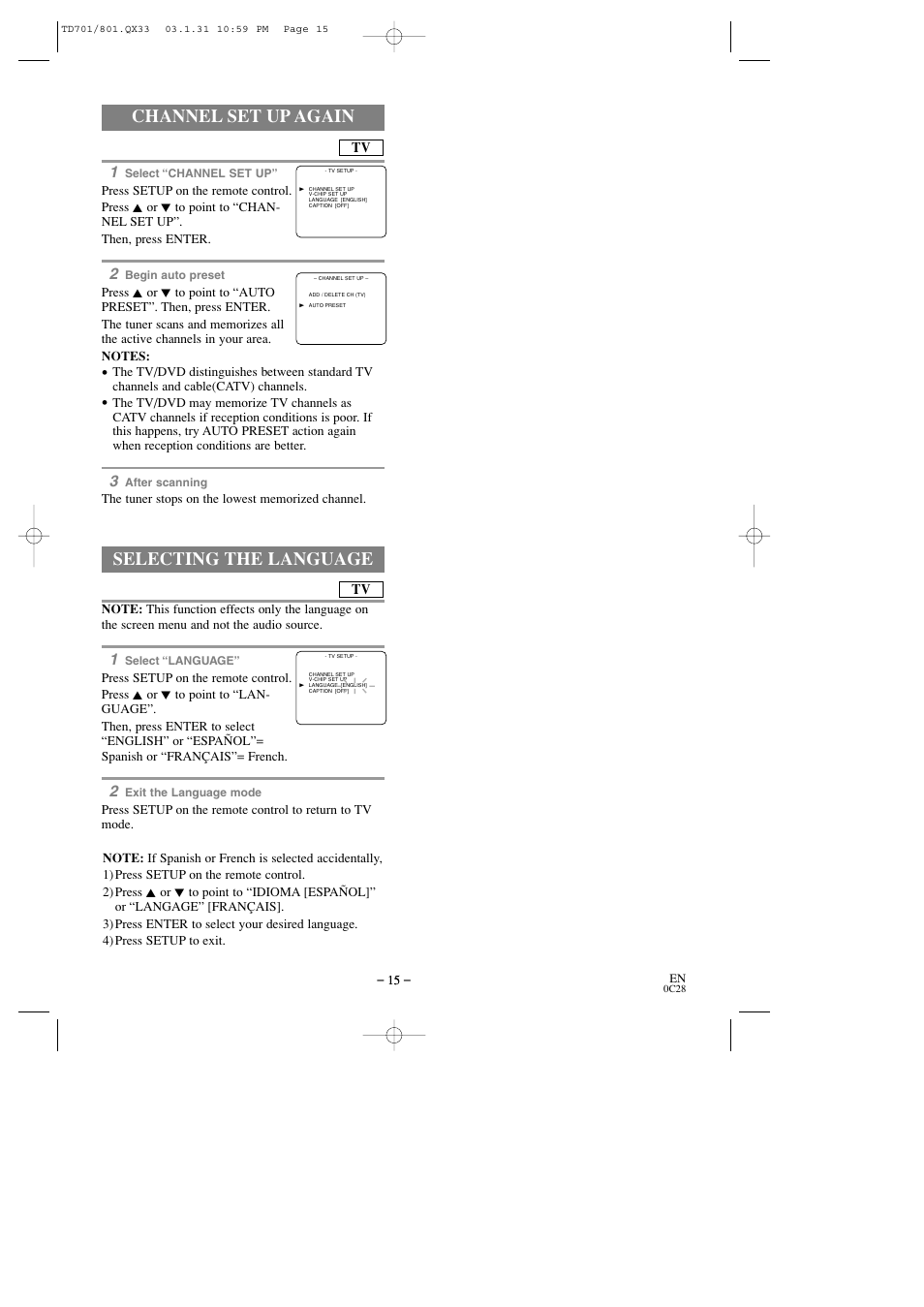 Channel set up again, Selecting the language | Sylvania 6513DD User Manual | Page 15 / 40