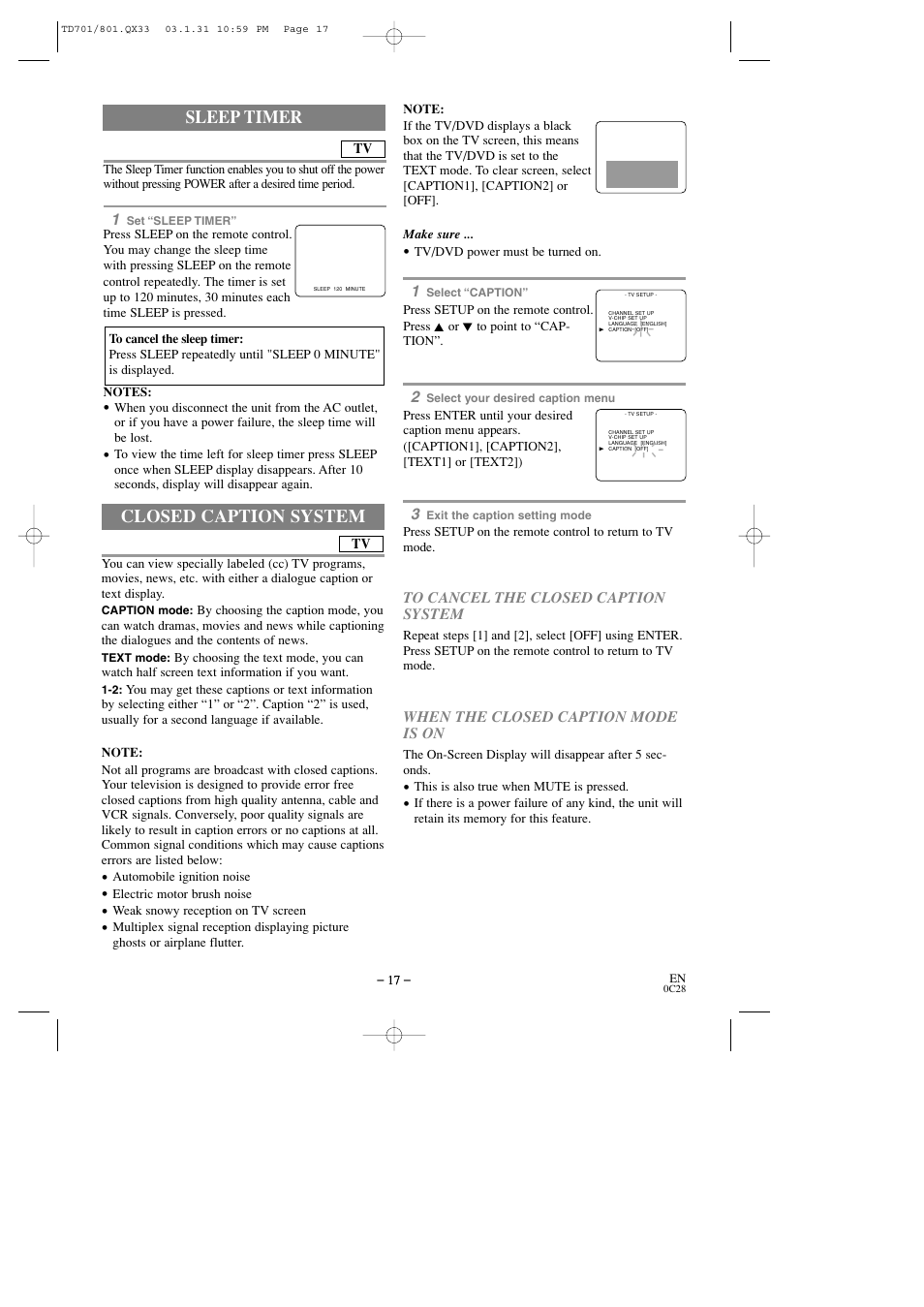 Closed caption system, Sleep timer | Sylvania 6513DD User Manual | Page 17 / 40