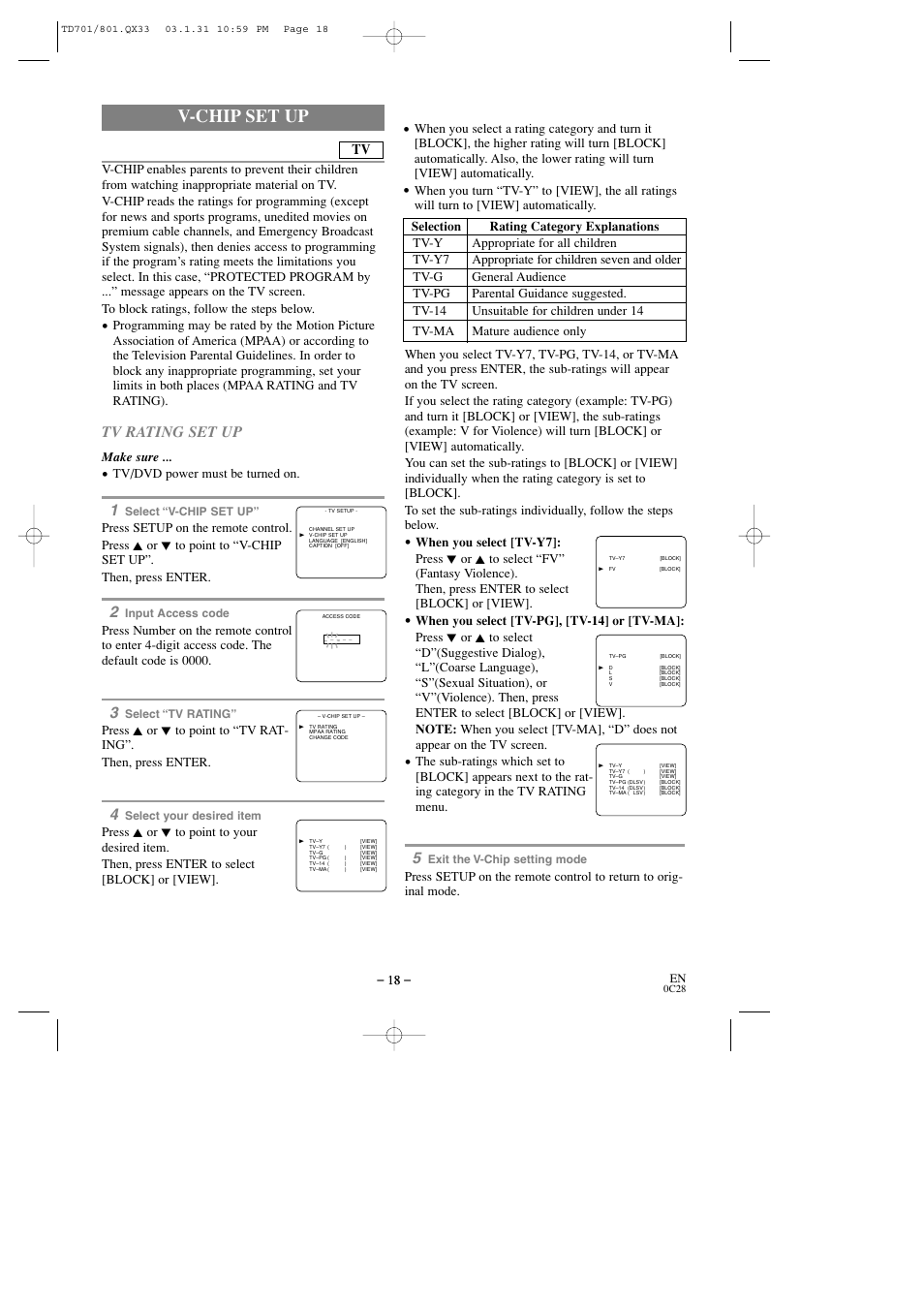 V-chip set up, Tv rating set up, Make sure | Tv/dvd power must be turned on | Sylvania 6513DD User Manual | Page 18 / 40