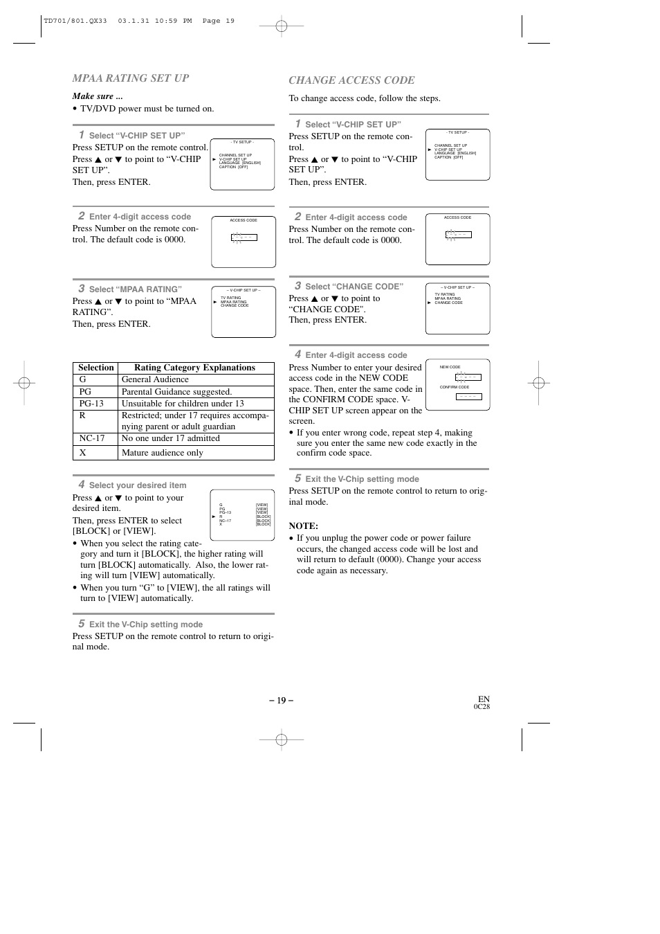 Mpaa rating set up, Change access code | Sylvania 6513DD User Manual | Page 19 / 40