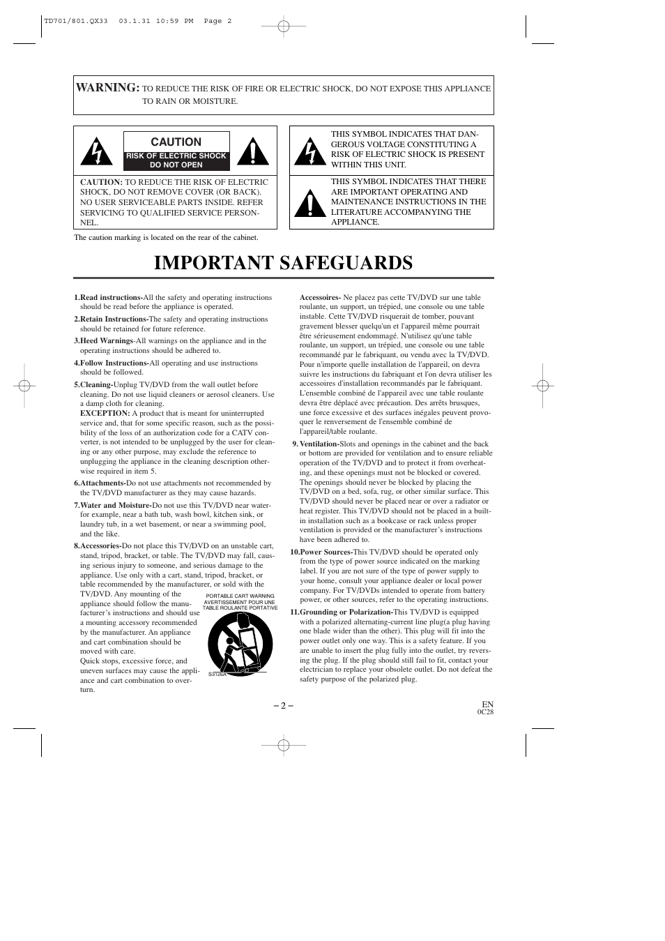 Important safeguards, Warning, Caution | Sylvania 6513DD User Manual | Page 2 / 40