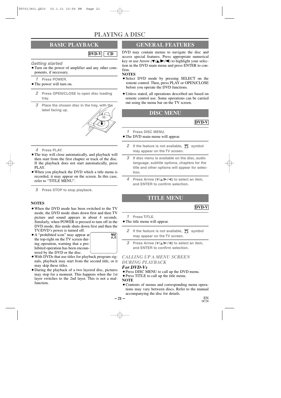 Playing a disc, Basic playback, General features | Title menu, Disc menu | Sylvania 6513DD User Manual | Page 21 / 40