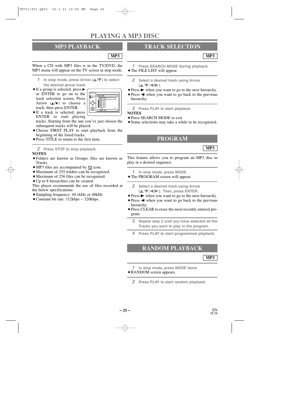 Playing a mp3 disc, Mp3 playback, Track selection | Random playback, Program | Sylvania 6513DD User Manual | Page 25 / 40