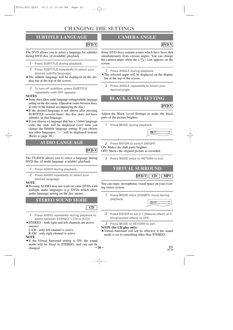 Changing the settings, Audio language, Stereo sound mode | Subtitle language camera angle, Black level setting, Virtual surround | Sylvania 6513DD User Manual | Page 26 / 40