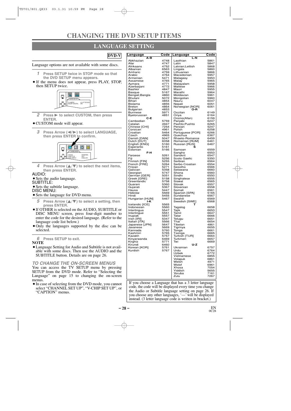 Changing the dvd setup items, Language setting, Dvd-v | Language options are not available with some discs, Custom mode will appear, Audio, Sets the audio language. subtitle, Sets the subtitle language. disc menu, Sets the language for dvd menu | Sylvania 6513DD User Manual | Page 28 / 40