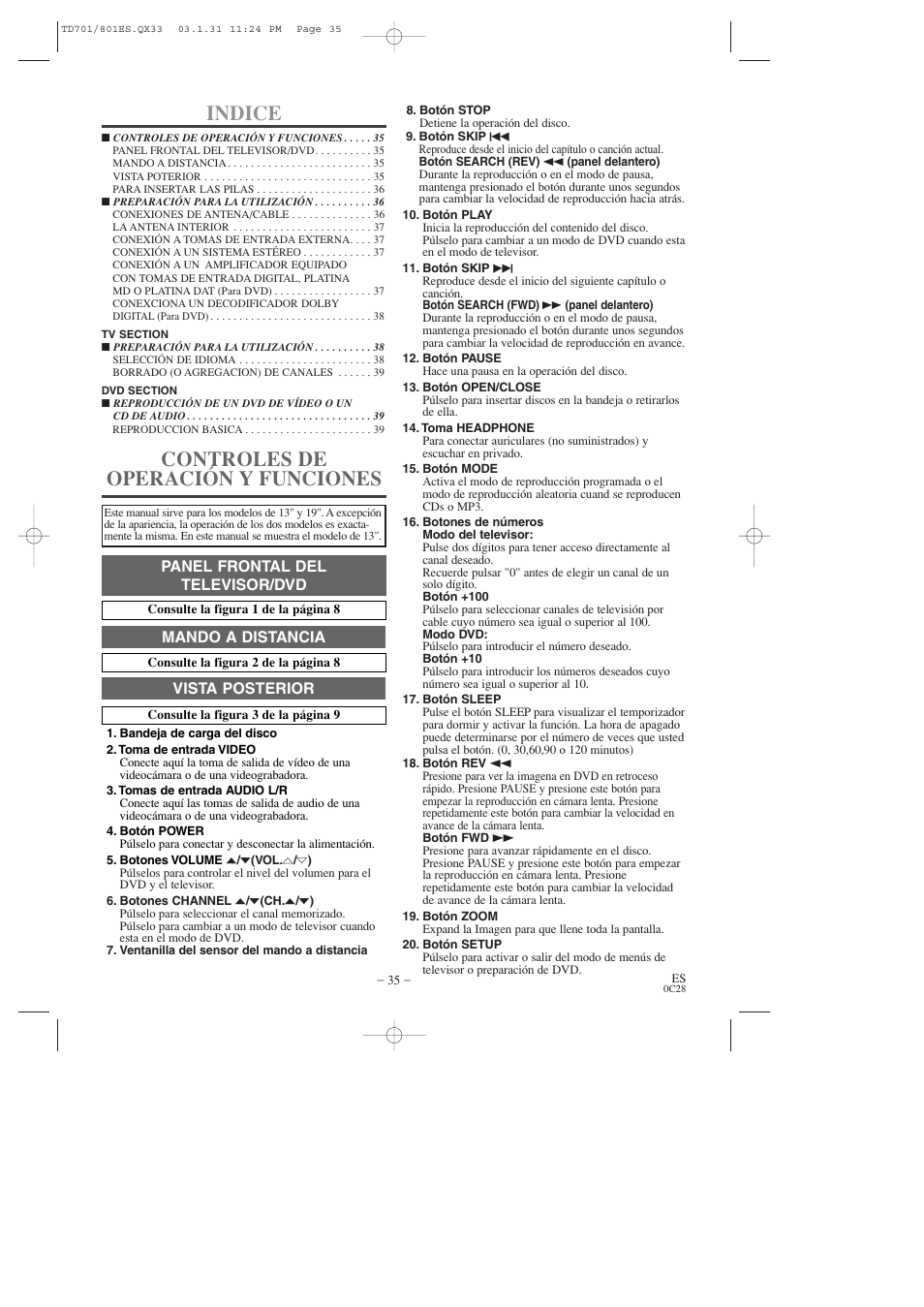 Indice, Controles de operación y funciones, Panel frontal del televisor/dvd | Mando a distancia, Vista posterior | Sylvania 6513DD User Manual | Page 35 / 40